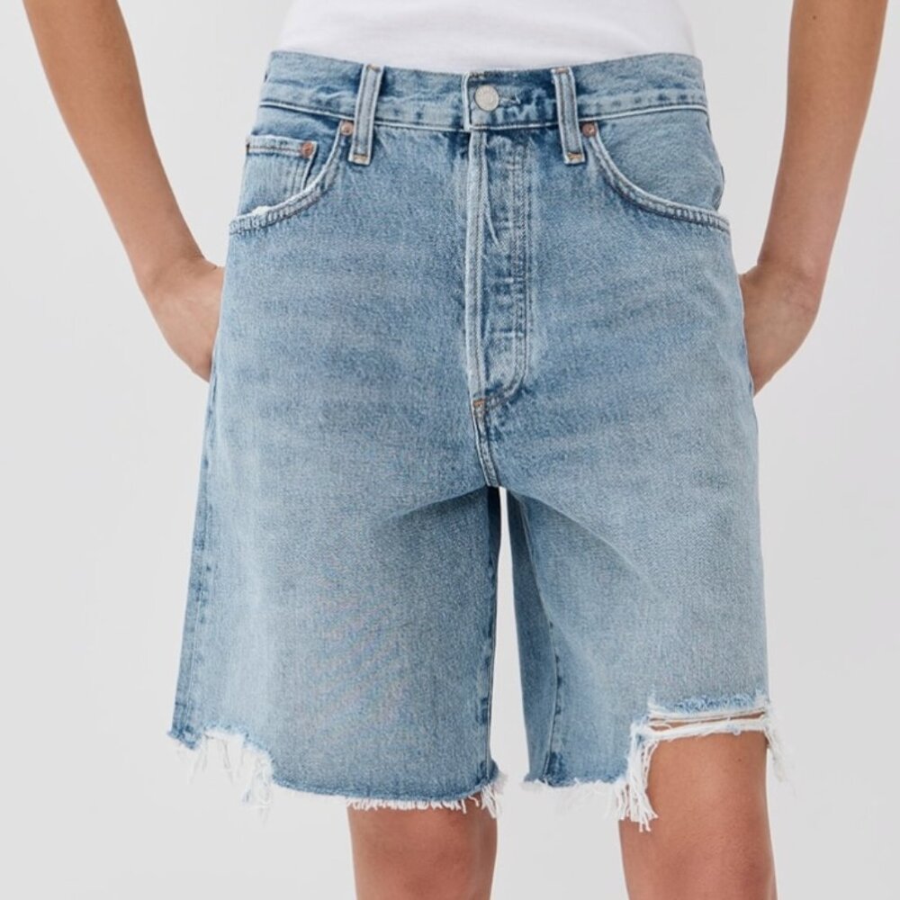 Agolde Light Wash Denim Jean Shorts with Frayed Hem